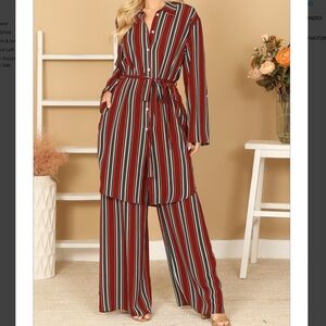 NWT Women's 2pc Stripe Collared Button Down Tie Waist Wide Leg Matching Suit
